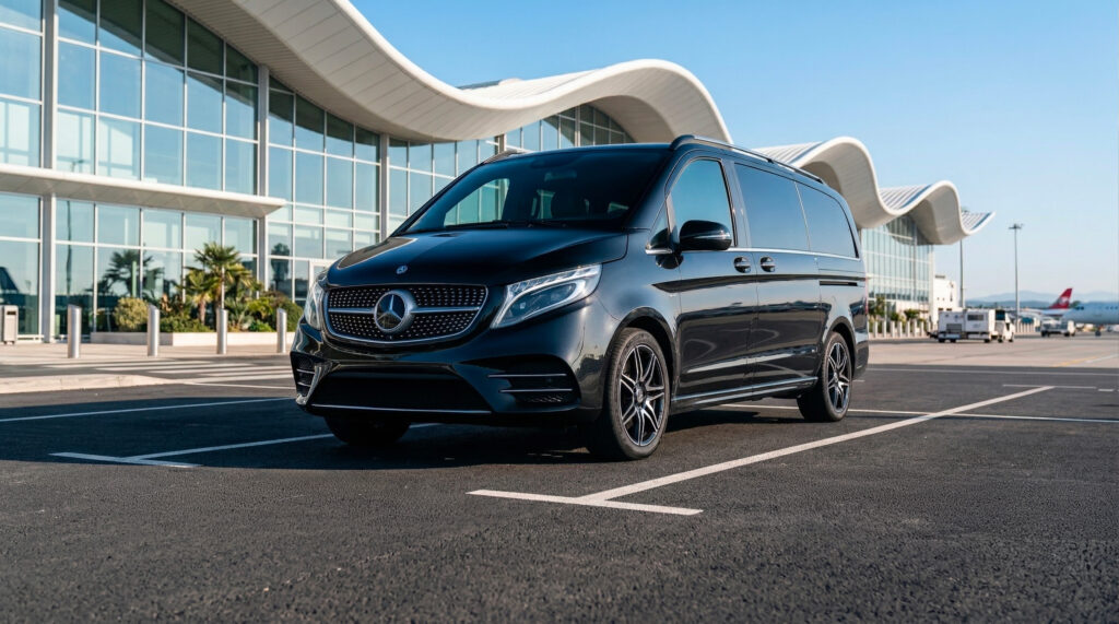 Transfert VIP en van 7 places de l'aéroport de Nice Côte d'Azur vers Saint-Tropez avec accueil personnalisé.