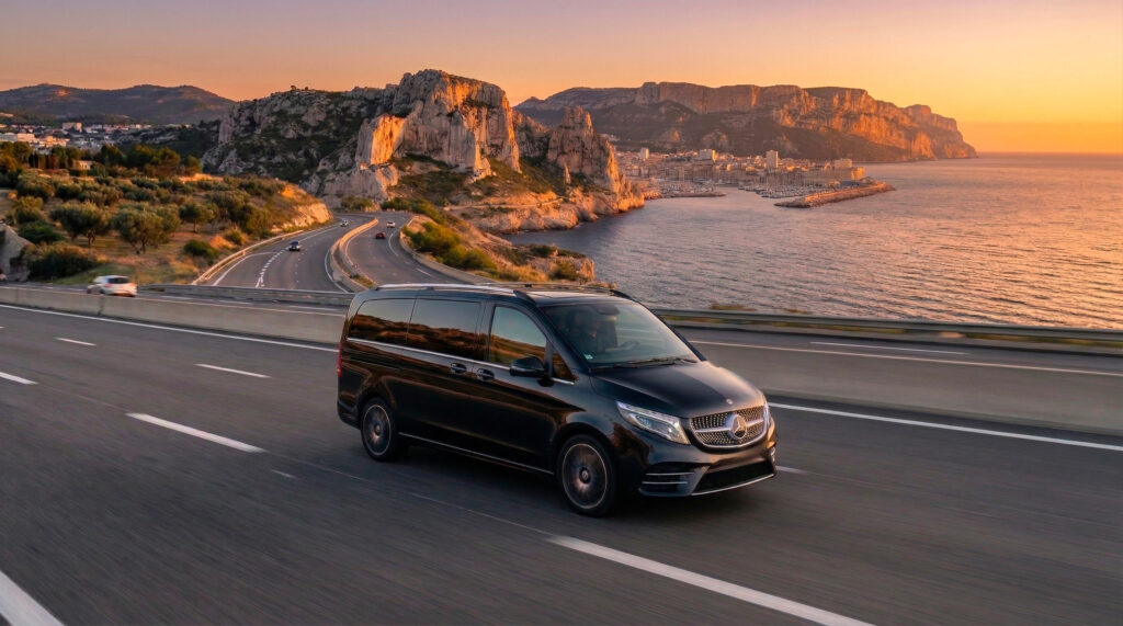 Chauffeur privé VTC pour trajet longue distance de l'aéroport de Marseille Provence (MRS) vers le Golfe de Saint-Tropez.